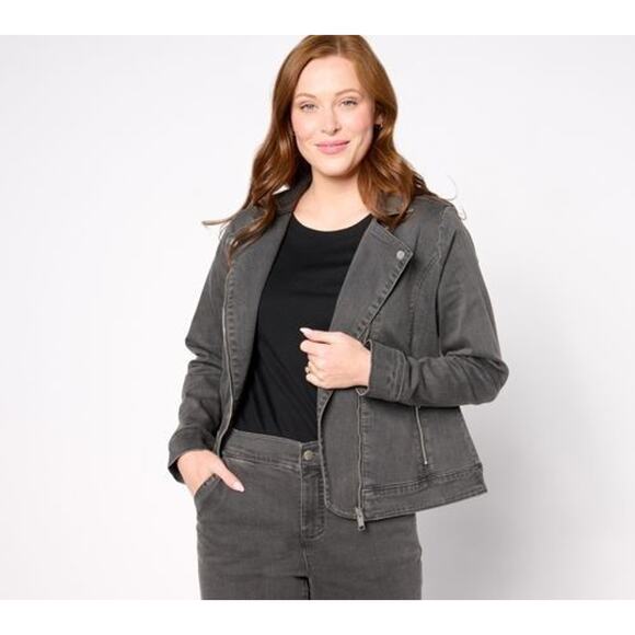 QVC Denim & Co. Perfect Flex Black/Grey Moto Jacket Womens 2X Black NWOT - Picture 3 of 9